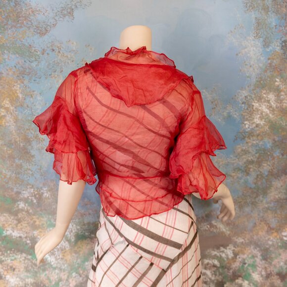 SOLD * 1930s Bias-Cut Plaid Maxi Dress w/Red Sheer Ruffle Overlay Set - Picture 8 of 17